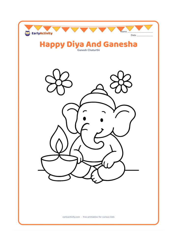 Colouring page: A smiling Ganesha sits beside one large diya with a simple flame. Add two large flower shapes and a plain floor line.