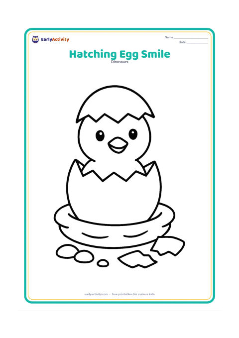 Colouring page: A friendly hatchling peeks through the top crack of one large egg in a shallow nest. Include two large shell pieces and a few rounded pebbles beside the nest.