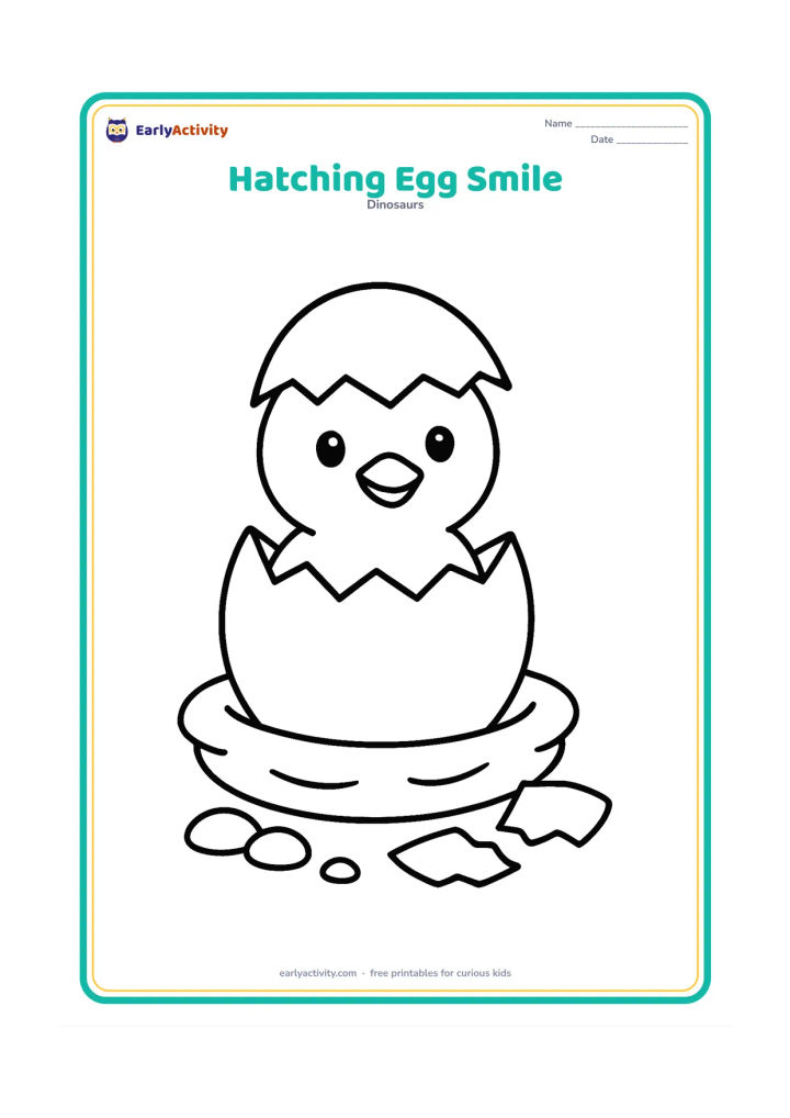 Colouring page: A friendly hatchling peeks through the top crack of one large egg in a shallow nest. Include two large shell pieces and a few rounded pebbles beside the nest.