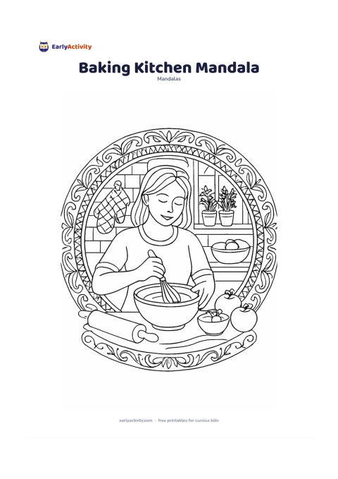Colouring page: Create a circular mandala with an adult mixing batter in a bowl at a kitchen counter, surrounded by a rolling pin, oven mitts, fruit, bowls and a window with potted herbs. Repeat whisk…