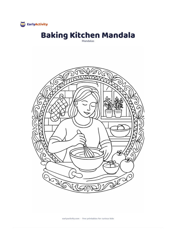 Colouring page: Create a circular mandala with an adult mixing batter in a bowl at a kitchen counter, surrounded by a rolling pin, oven mitts, fruit, bowls and a window with potted herbs. Repeat whisk…