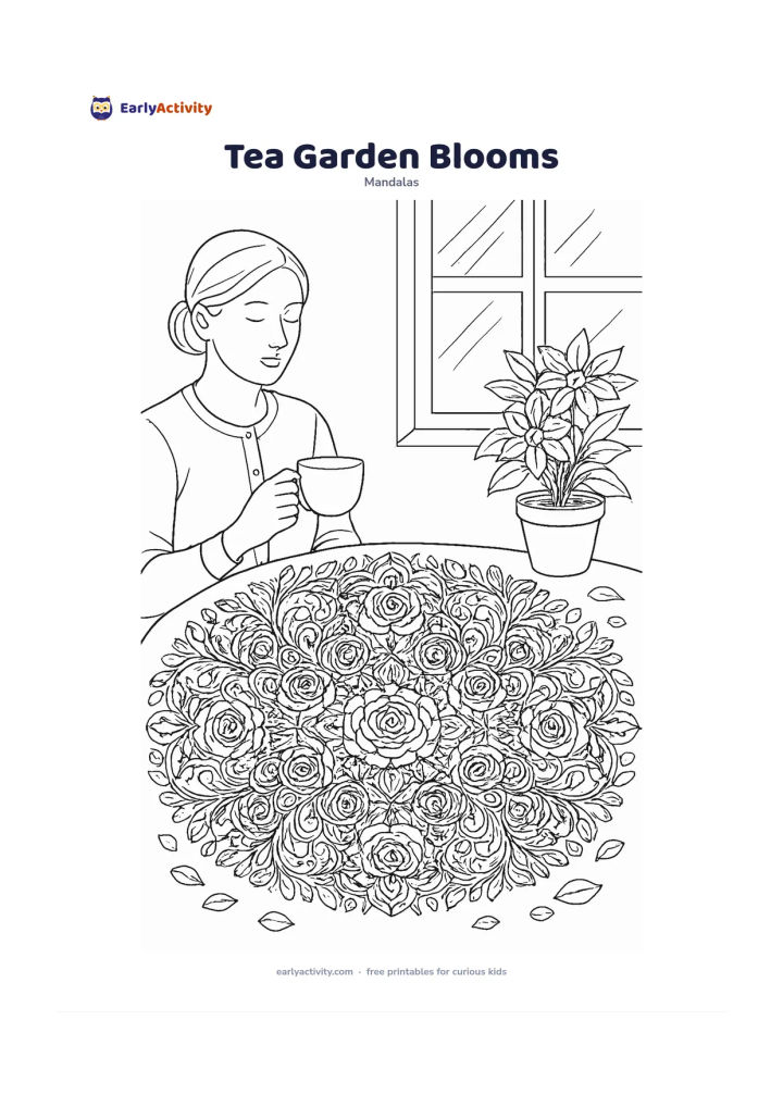 Colouring page: Show a seated adult holding a plain teacup beside a table covered with a large floral mandala made from roses, leaves and curling vines. Include a potted flowering plant, a window with…