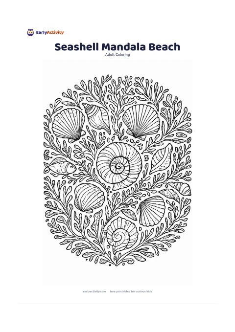 Colouring page: A large symmetrical circular arrangement of shells, coral branches, seaweed and small fish forms a beach-inspired ocean design. Place a prominent spiral shell at the centre and repeat…
