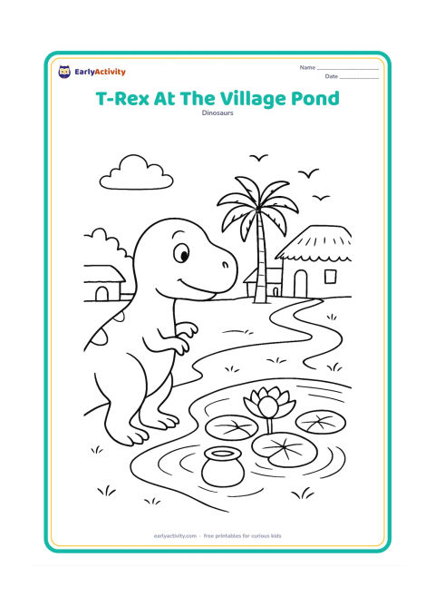 Colouring page: A gentle T-Rex looks toward a village pond with lotus leaves, a small clay pot, a simple footpath, and distant huts with plain walls. Include one palm tree and a few birds in the sky.