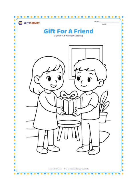 Colouring page: One child hands a wrapped gift to another child in a home room with a small table, two cushions, and a potted plant. Keep the present plain except for its ribbon.