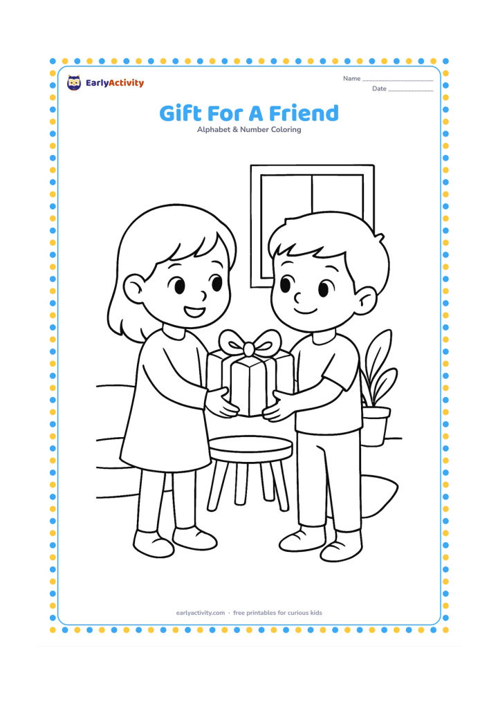 Colouring page: One child hands a wrapped gift to another child in a home room with a small table, two cushions, and a potted plant. Keep the present plain except for its ribbon.