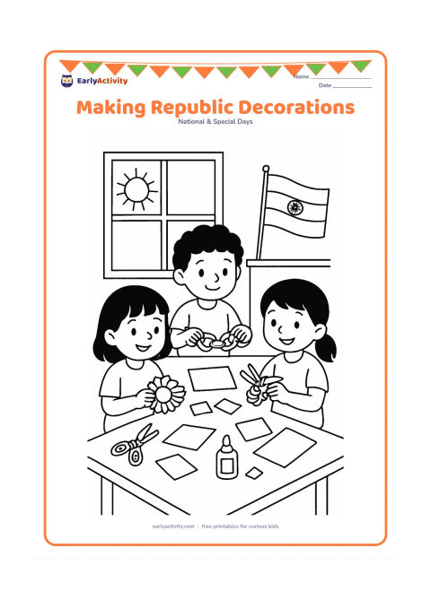 Colouring page: Draw three children at a table making paper chains and rosettes in saffron, white and green while an Indian flag stands on a nearby shelf. Include scissors, glue, paper pieces and a…