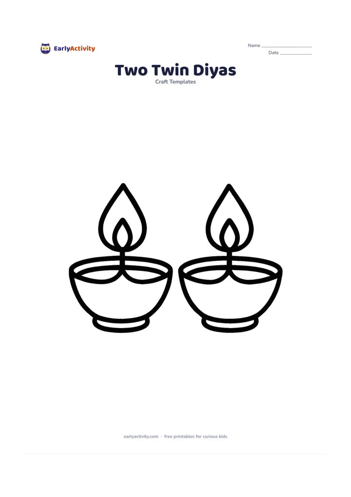 Worksheet: Two matching diyas sit side by side, each with the same bowl, rim, and flame, leaving a clear gap between them for symmetry colouring.