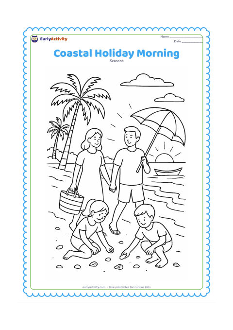 Colouring page: A family walks along an Indian coastline at sunrise, carrying a beach bag and umbrella while children collect shells near fishing boats, coconut palms and low waves.