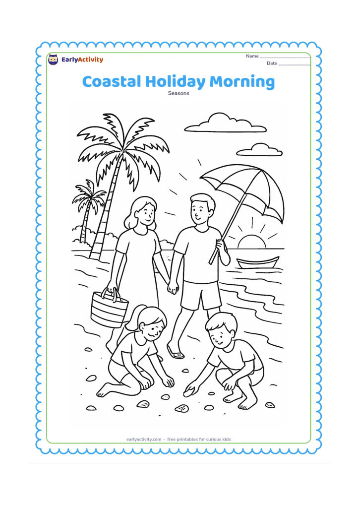 Colouring page: A family walks along an Indian coastline at sunrise, carrying a beach bag and umbrella while children collect shells near fishing boats, coconut palms and low waves.