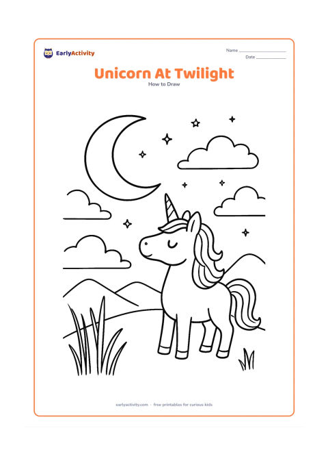 Worksheet: A unicorn stands on a hill at twilight beneath a large crescent moon, with layered clouds, distant mountains, stars and a softly patterned mane. Add a few tall grasses in the foreground…