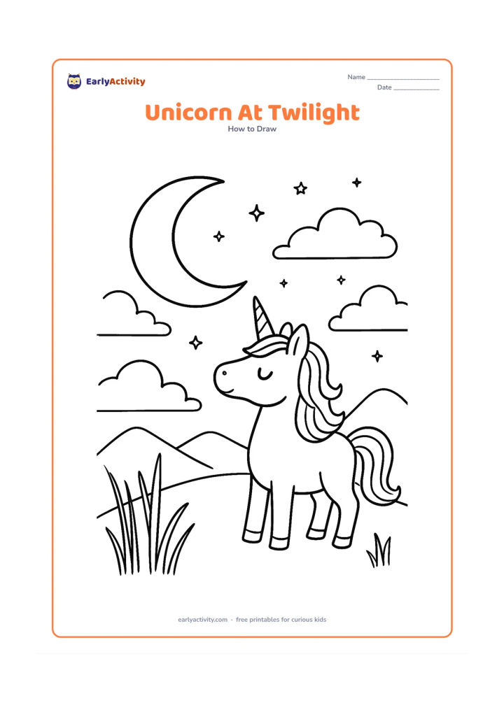 Worksheet: A unicorn stands on a hill at twilight beneath a large crescent moon, with layered clouds, distant mountains, stars and a softly patterned mane. Add a few tall grasses in the foreground…