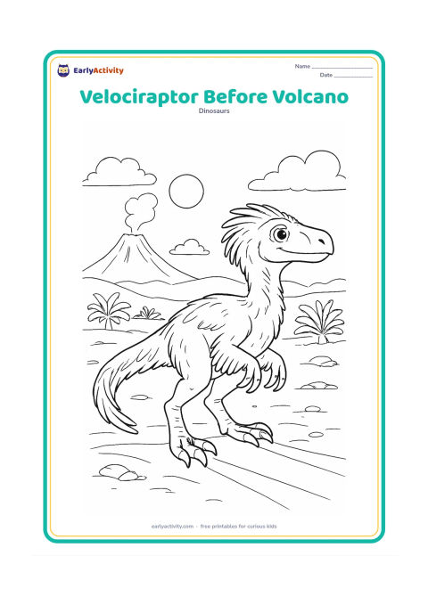 Colouring page: A feathered velociraptor stands safely in the foreground while a distant volcano releases a soft plume of smoke, with lava-free rocky ground, cycads, clouds, and warm sunset light. Show…