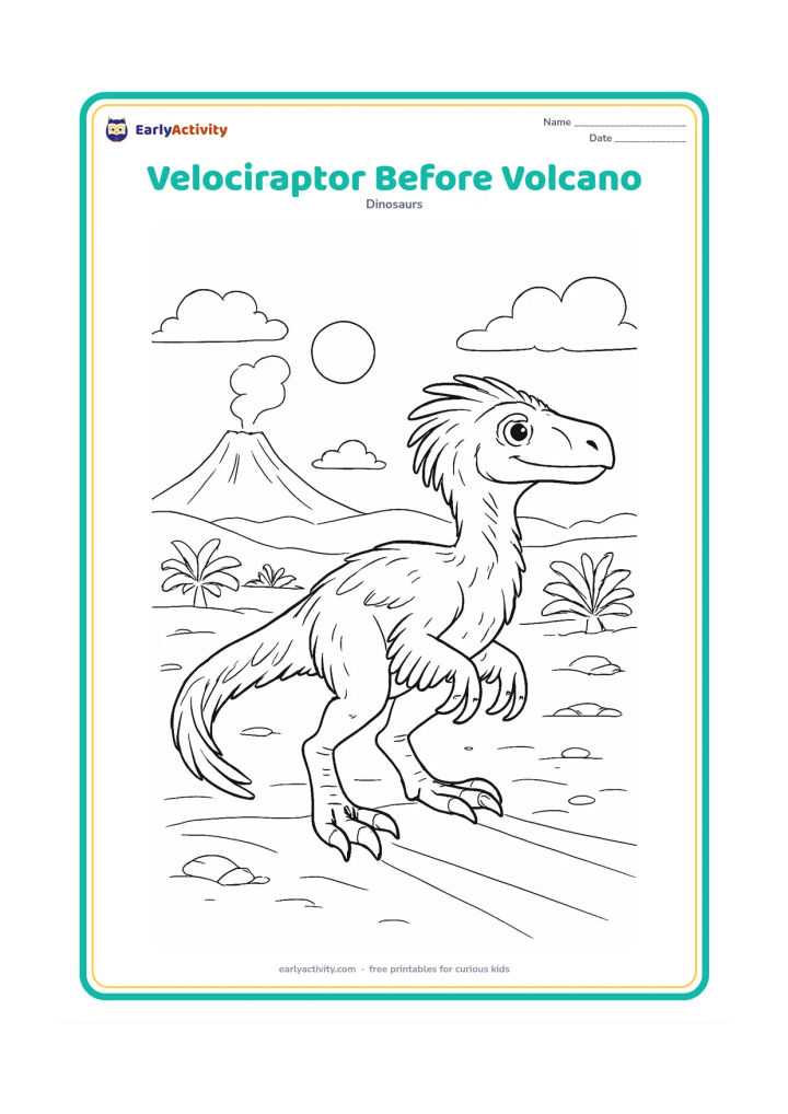 Colouring page: A feathered velociraptor stands safely in the foreground while a distant volcano releases a soft plume of smoke, with lava-free rocky ground, cycads, clouds, and warm sunset light. Show…
