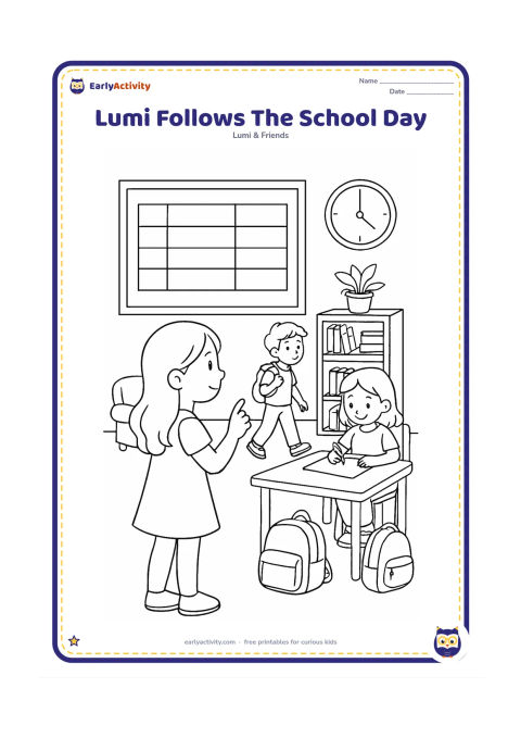 Colouring page: Lumi studies a classroom timetable board with blank rows while classmates move between a reading corner, art table and plant shelf. Show an analogue clock with plain hands but no…