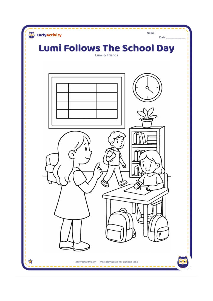 Colouring page: Lumi studies a classroom timetable board with blank rows while classmates move between a reading corner, art table and plant shelf. Show an analogue clock with plain hands but no…