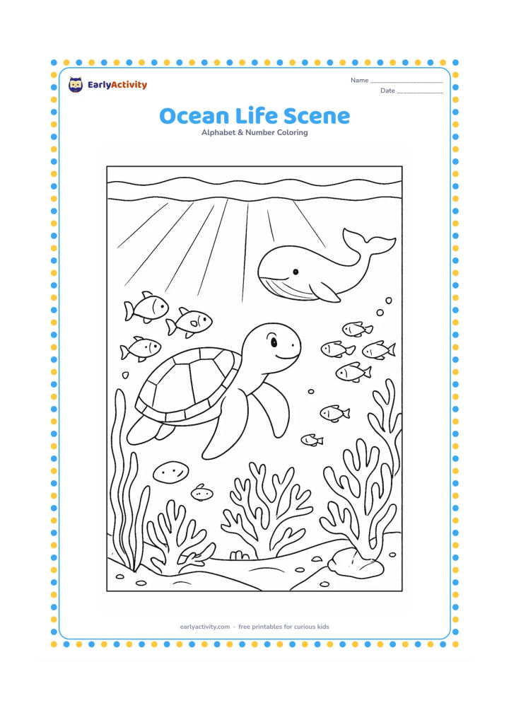 Colouring page: Draw a broad ocean scene with a sea turtle, whale in the distance, schools of fish, coral, seaweed and sunlight rays filtering from the surface. Keep all creatures friendly and avoid…