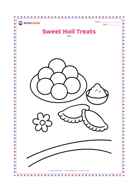 Colouring page: A plate of large round laddus and two gujiya sweets sits beside a small gulal bowl. Add one simple flower and a curved table edge.