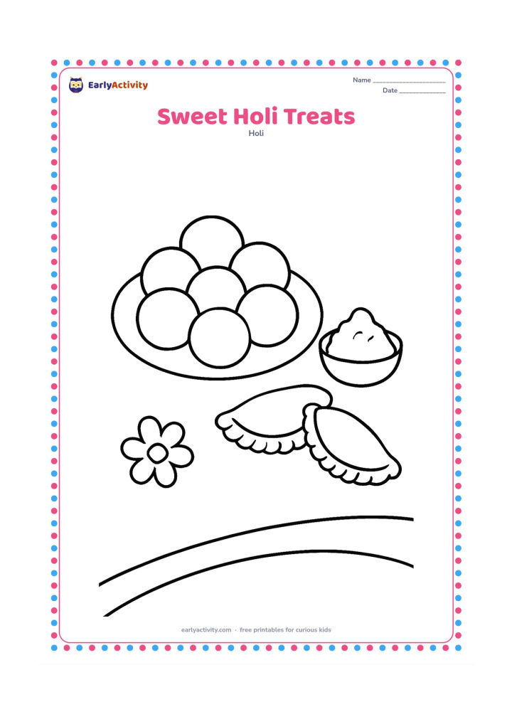 Colouring page: A plate of large round laddus and two gujiya sweets sits beside a small gulal bowl. Add one simple flower and a curved table edge.