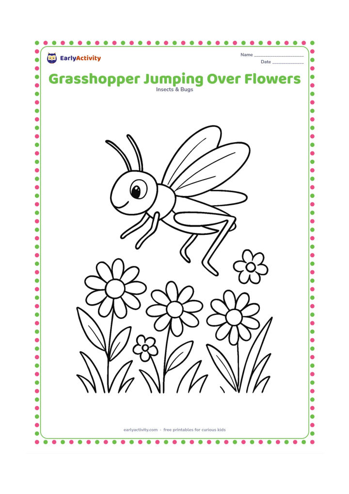 Colouring page: Draw a grasshopper jumping across a patch of daisies and other simple flowers, with its wings slightly open and long hind legs extended. Include a few leaves and grass blades.