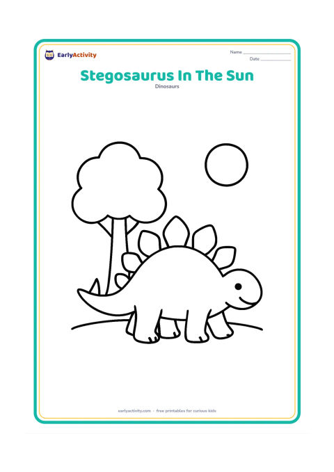 Colouring page: Draw a smiling Stegosaurus walking beneath a simple leafy tree with a round sun in the sky. Show its large back plates and short tail clearly.
