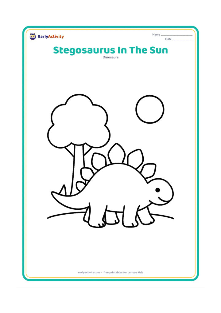 Colouring page: Draw a smiling Stegosaurus walking beneath a simple leafy tree with a round sun in the sky. Show its large back plates and short tail clearly.