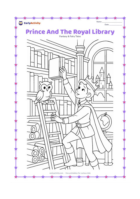 Colouring page: A prince reaches for a large closed storybook on a library shelf while a small owl sits on a ladder. Show tall shelves, rolled blank scrolls, carved columns, a globe, and a window…