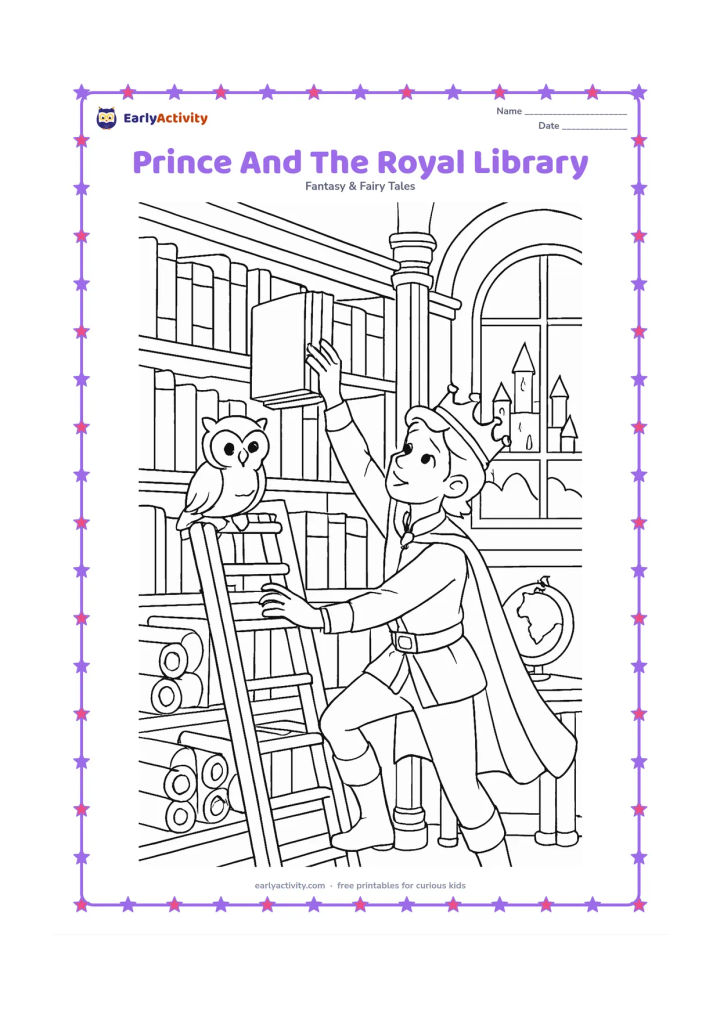 Colouring page: A prince reaches for a large closed storybook on a library shelf while a small owl sits on a ladder. Show tall shelves, rolled blank scrolls, carved columns, a globe, and a window…