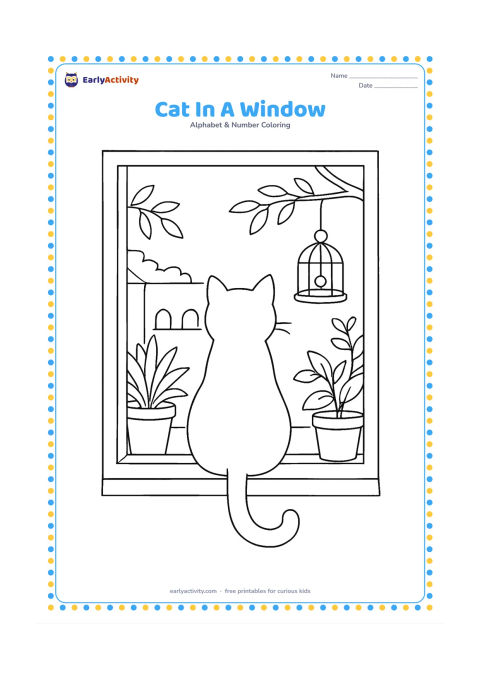 Colouring page: A cat sits on an Indian home windowsill looking at a courtyard, with potted plants, a hanging bird feeder, and leafy branches outside. Show the cat from behind with its tail curled…