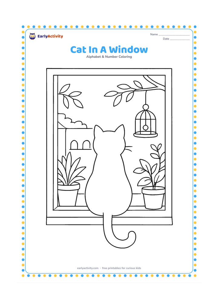 Colouring page: A cat sits on an Indian home windowsill looking at a courtyard, with potted plants, a hanging bird feeder, and leafy branches outside. Show the cat from behind with its tail curled…