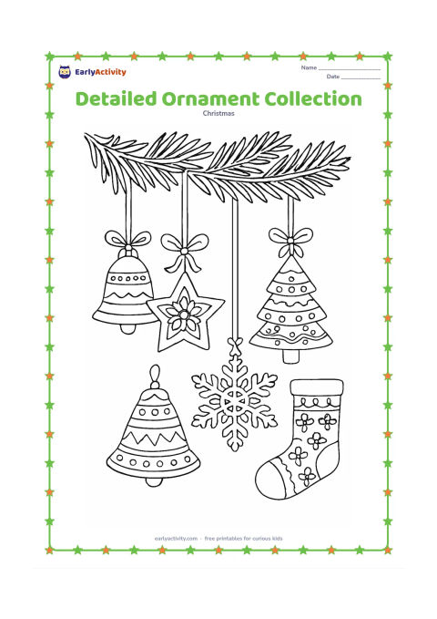 Colouring page: Arrange a collection of hanging Christmas ornaments including a bell, star, snowflake, tree, bauble and stocking, each with different repeating patterns and borders. Suspend them from…