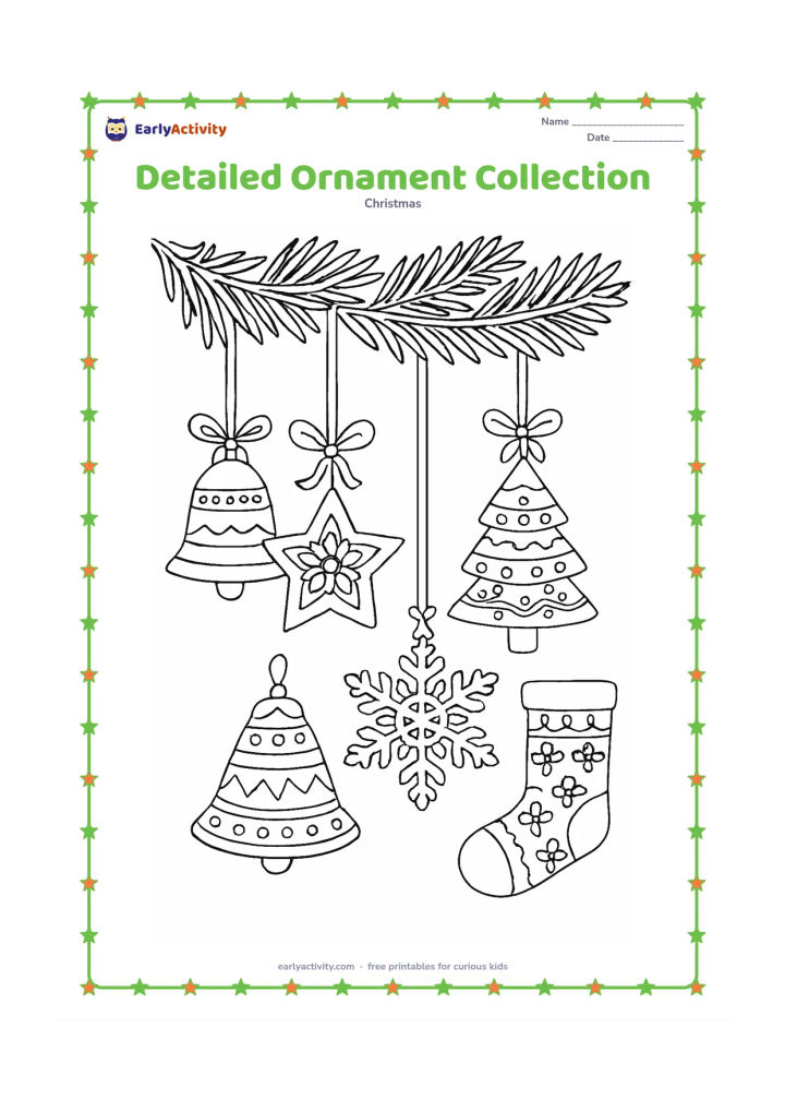 Colouring page: Arrange a collection of hanging Christmas ornaments including a bell, star, snowflake, tree, bauble and stocking, each with different repeating patterns and borders. Suspend them from…