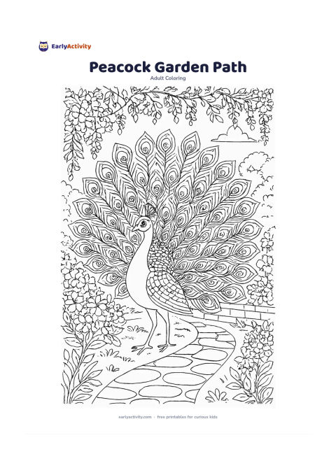 Colouring page: Draw a peacock standing beside a winding garden path with its tail fully spread, filled with individual feather eyes and curved feather lines. Add flowering bushes, hanging vines,…