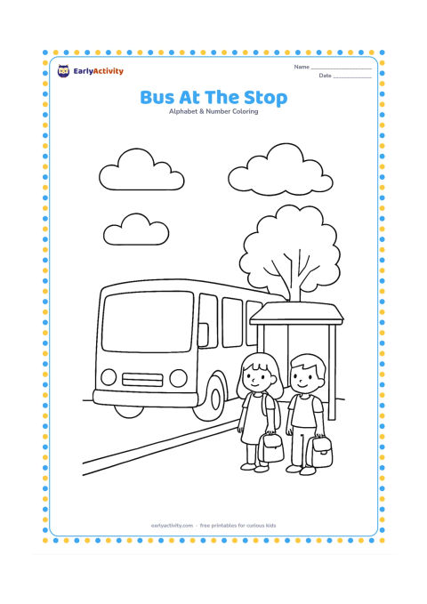 Colouring page: Draw a friendly, unmarked bus stopped beside a simple shelter while two children wait with plain bags. Add a tree, a curb and a few clouds, with no route numbers, signs or lettering.
