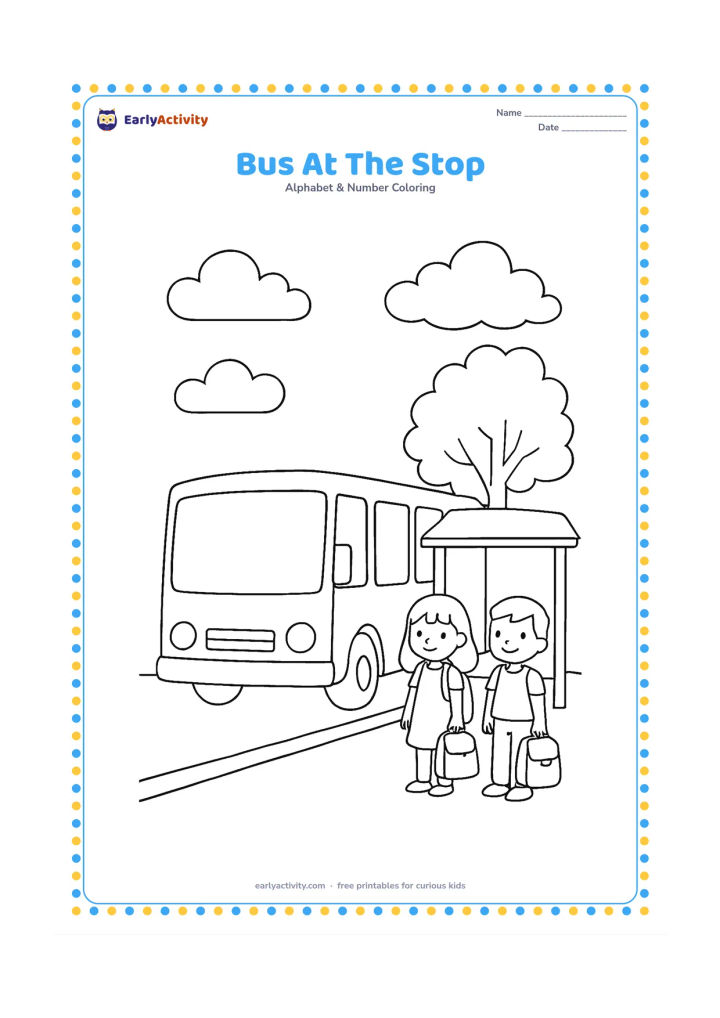 Colouring page: Draw a friendly, unmarked bus stopped beside a simple shelter while two children wait with plain bags. Add a tree, a curb and a few clouds, with no route numbers, signs or lettering.
