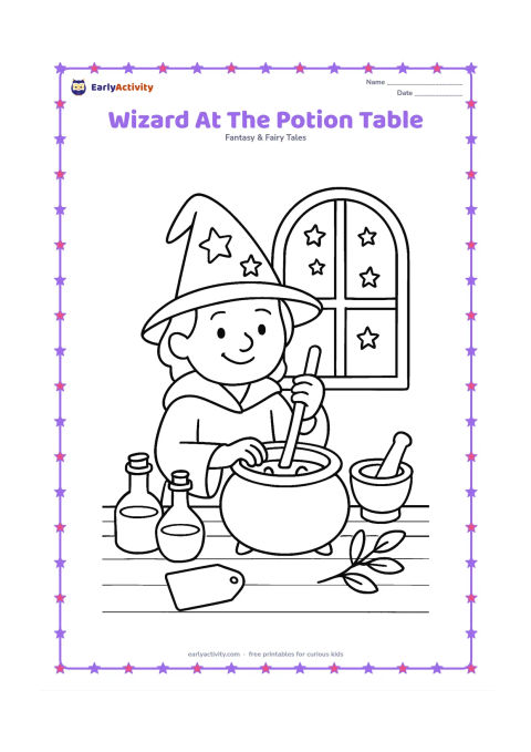 Colouring page: A cheerful wizard stands at a wooden table stirring a round cauldron with a long spoon. Arrange several potion bottles, a mortar, a leafy sprig and a blank label shape on the table, with…