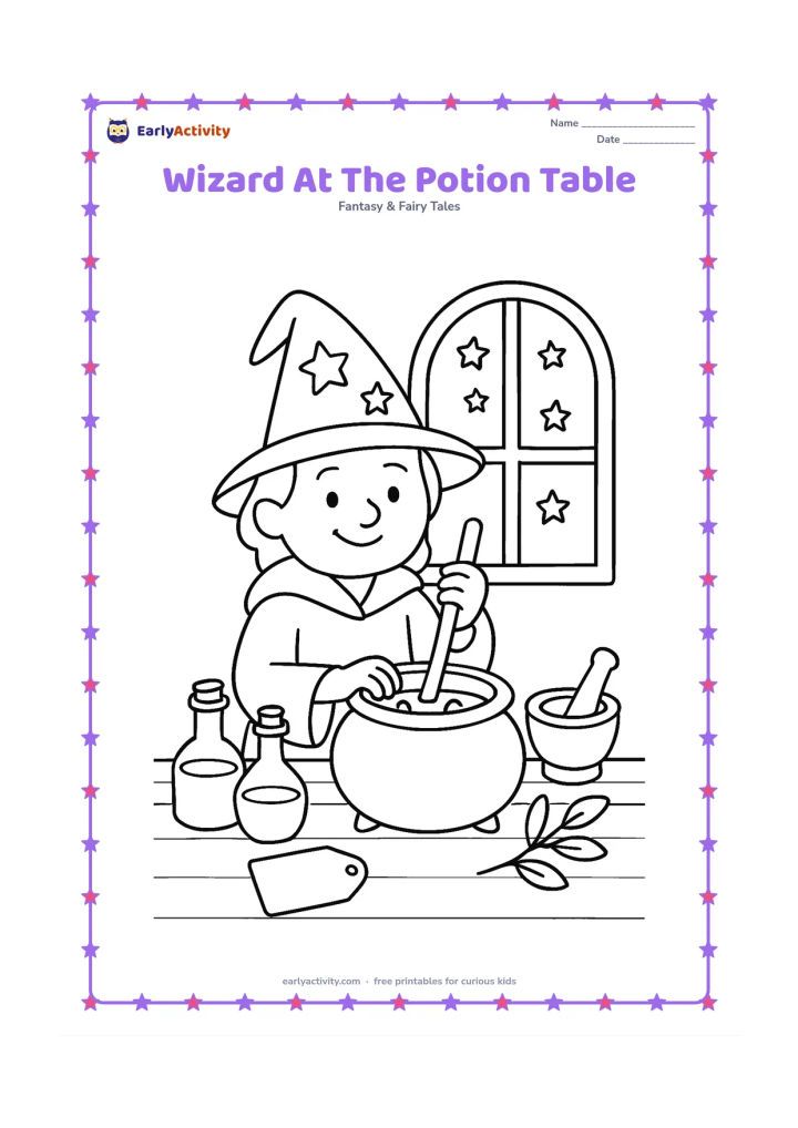 Colouring page: A cheerful wizard stands at a wooden table stirring a round cauldron with a long spoon. Arrange several potion bottles, a mortar, a leafy sprig and a blank label shape on the table, with…