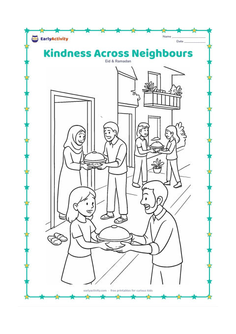 Colouring page: Several neighbouring families share qurbani food along an apartment walkway, passing covered bowls and baskets between doorways, with children helping, sandals near entrances, plants and…