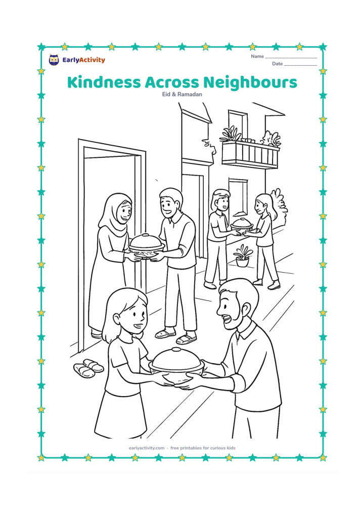 Colouring page: Several neighbouring families share qurbani food along an apartment walkway, passing covered bowls and baskets between doorways, with children helping, sandals near entrances, plants and…