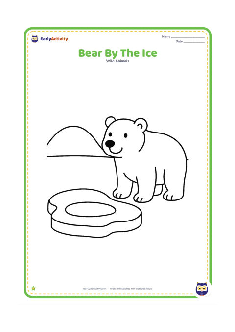 Colouring page: A polar bear stands beside one large, low ice floe, with a small pool of water and a simple rounded hill in the distance.