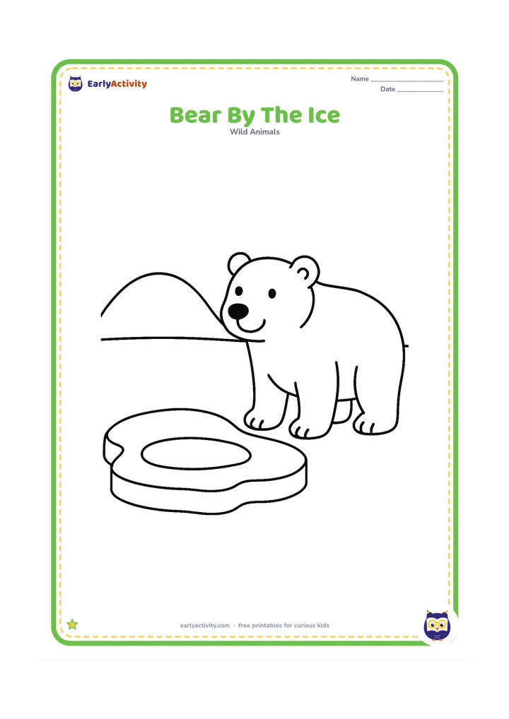 Colouring page: A polar bear stands beside one large, low ice floe, with a small pool of water and a simple rounded hill in the distance.