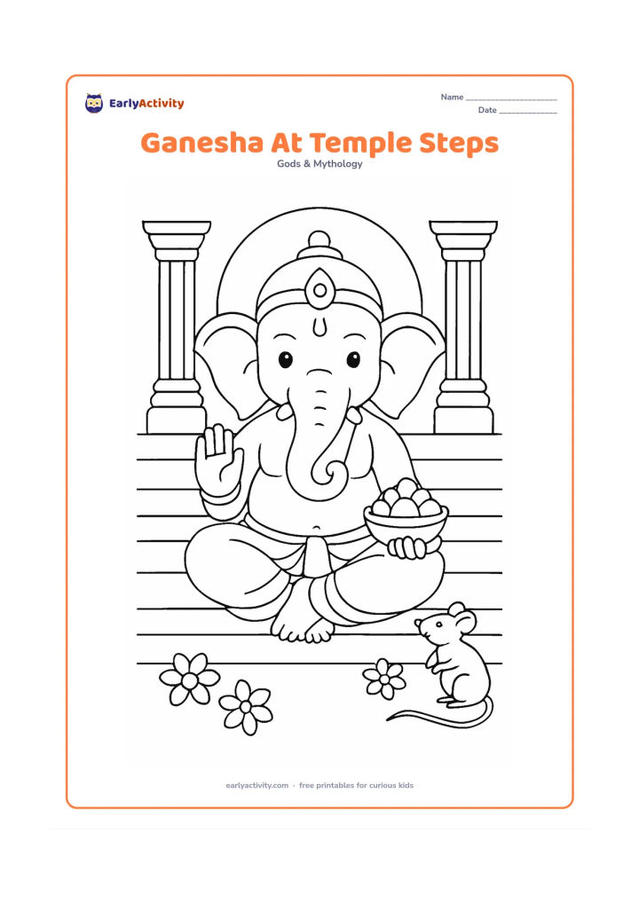 Colouring page: Lord Ganesha sits on broad temple steps with one hand raised in blessing and a modak bowl beside him. Include simple pillars, a small mouse, flower offerings and a rounded temple doorway.