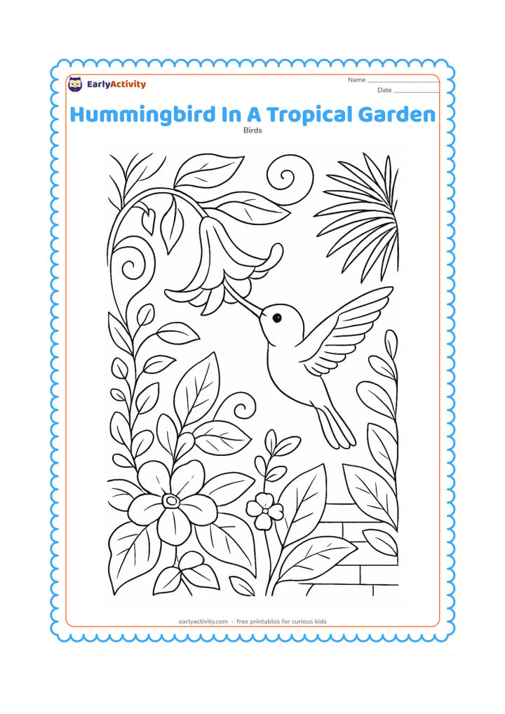 Colouring page: A hummingbird feeds from a long tubular tropical flower surrounded by layered leaves, curling vines and a few smaller blossoms. Add a distant palm leaf and a low garden wall.