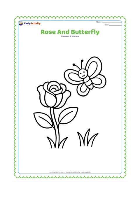 Colouring page: Draw one open rose on a leafy stem with a large butterfly hovering beside it. Add one or two simple blades of grass below.