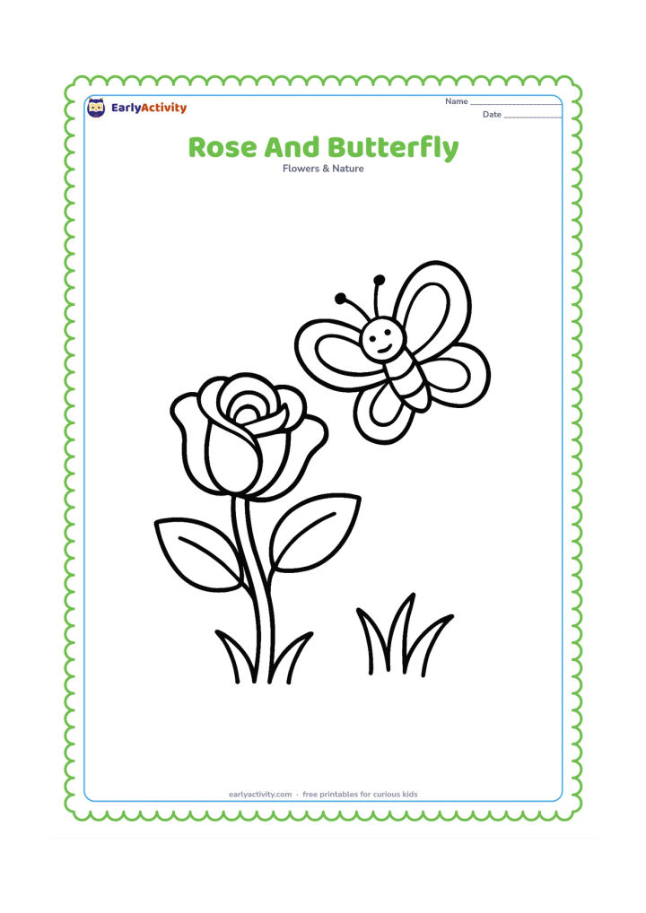 Colouring page: Draw one open rose on a leafy stem with a large butterfly hovering beside it. Add one or two simple blades of grass below.