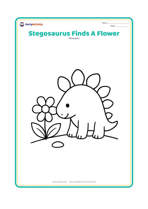 Colouring page: Draw a stegosaurus bending its head toward one oversized flower and two broad leaves. Include a small oval stone and a gently curved ground line.