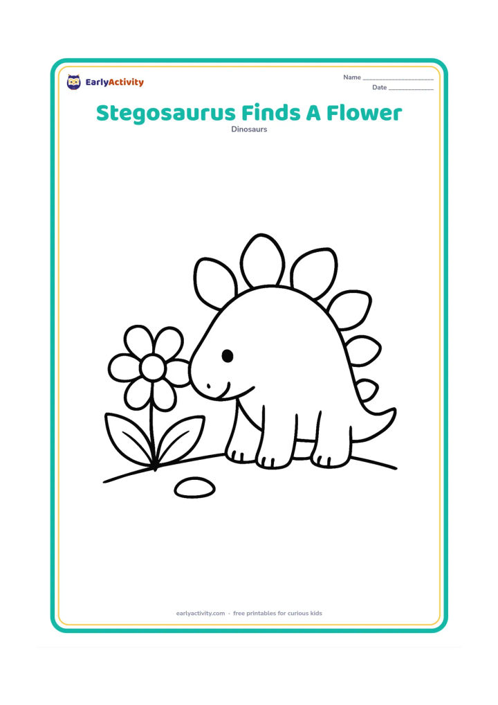 Colouring page: Draw a stegosaurus bending its head toward one oversized flower and two broad leaves. Include a small oval stone and a gently curved ground line.