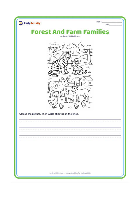 Worksheet: Create a detailed comparison scene with a tiger and cub in a forest clearing, and a cow with calf, goat with kid and hen with chicks in a nearby farm area separated by a fence. Keep all…