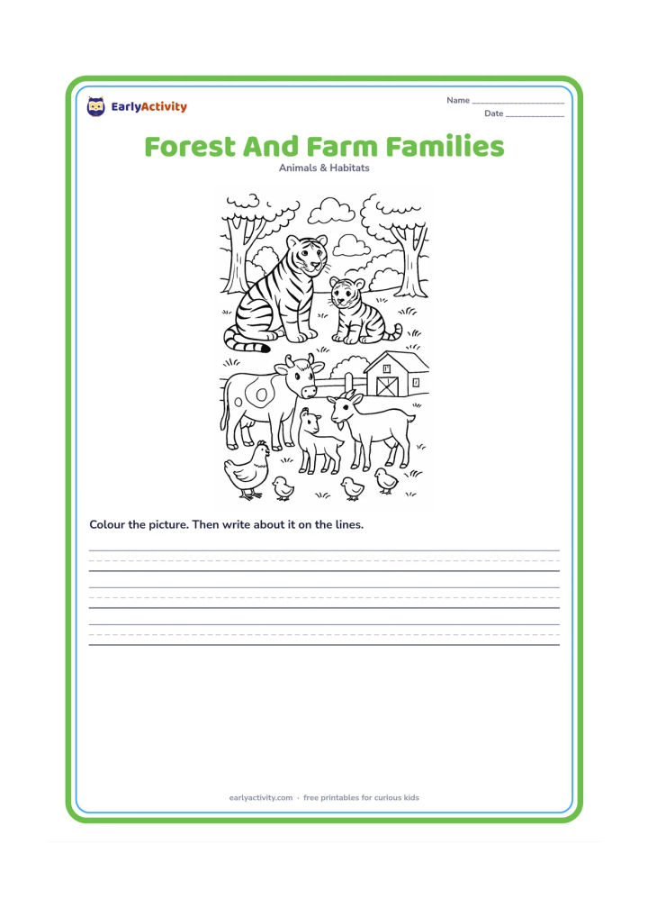 Worksheet: Create a detailed comparison scene with a tiger and cub in a forest clearing, and a cow with calf, goat with kid and hen with chicks in a nearby farm area separated by a fence. Keep all…