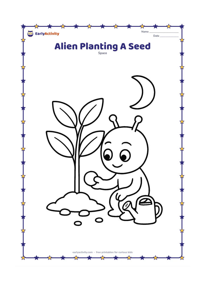 Colouring page: Draw a small alien kneeling beside a large sprouting space plant, holding a round seed near the soil. Add a simple watering can, a few pebbles, and a crescent moon.
